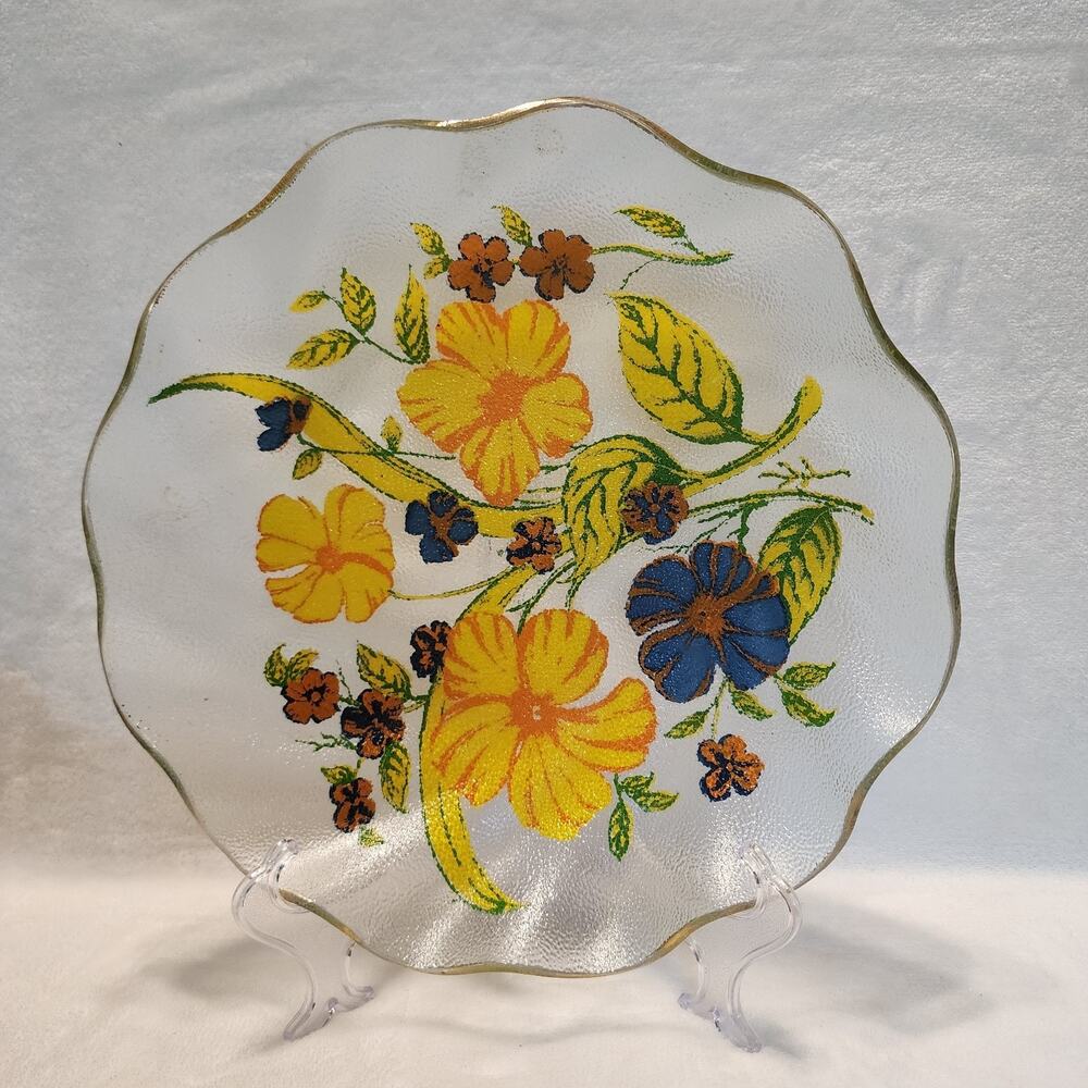 Gorgeous Reverse Painted Vtg. Ruffled Edge Gilt Trimmed Pebbled Bowl Yellow Blue